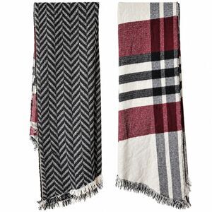 LA Express NWT Reversible Blanket Scarf Shawl Wrap Plaid Herringbone Maroon Blk